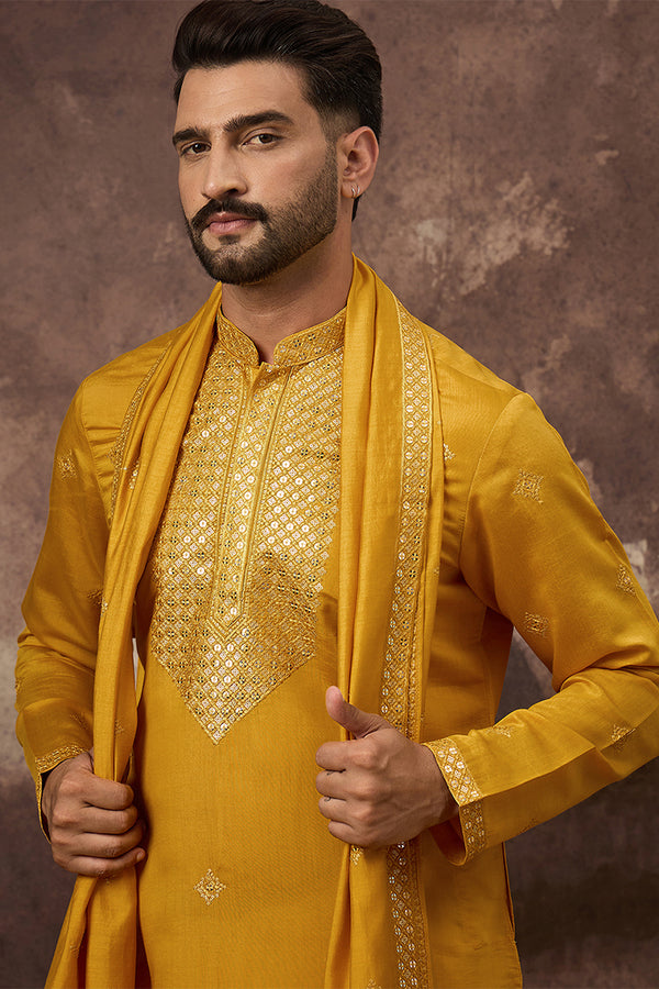 Yellow Silk Blend Solid Embroidered Straight Kurta with Dupatta MKUD1008