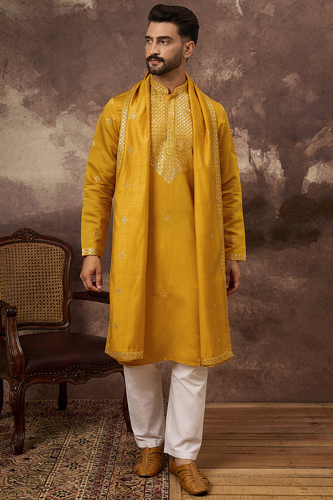 Yellow Silk Blend Embroidered Straight Kurta Trouser with Dupatta MKPD1008