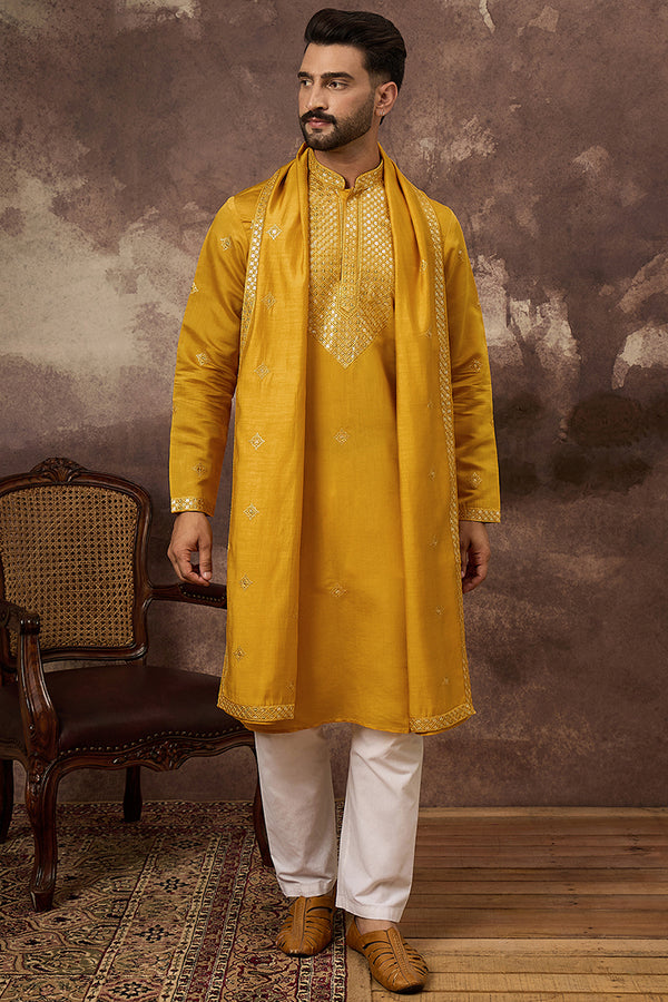 Yellow Silk Blend Solid Embroidered Straight Kurta with Dupatta MKUD1008