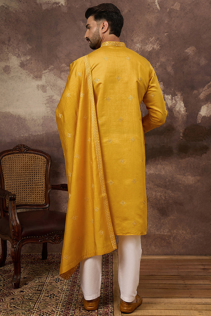 Yellow Silk Blend Embroidered Straight Kurta Trouser with Dupatta MKPD1008