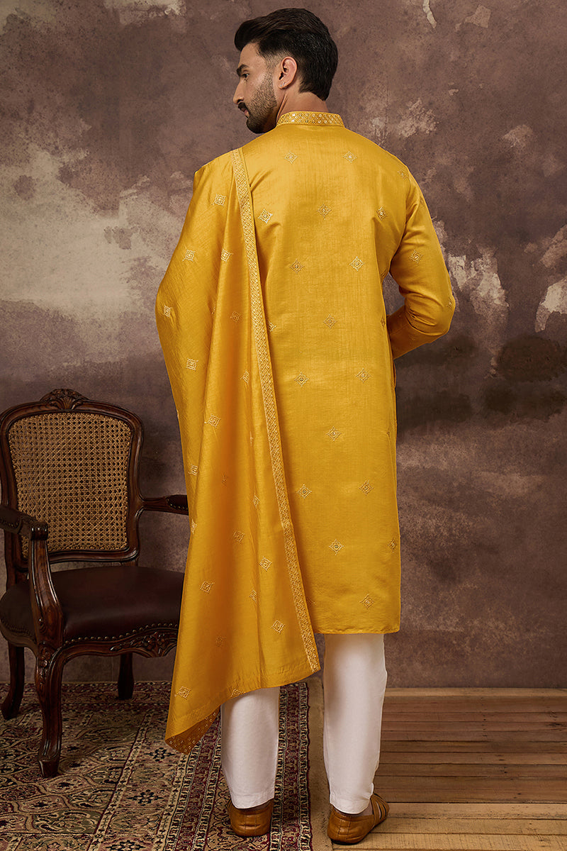 Yellow Silk Blend Solid Embroidered Straight Kurta with Dupatta MKUD1008