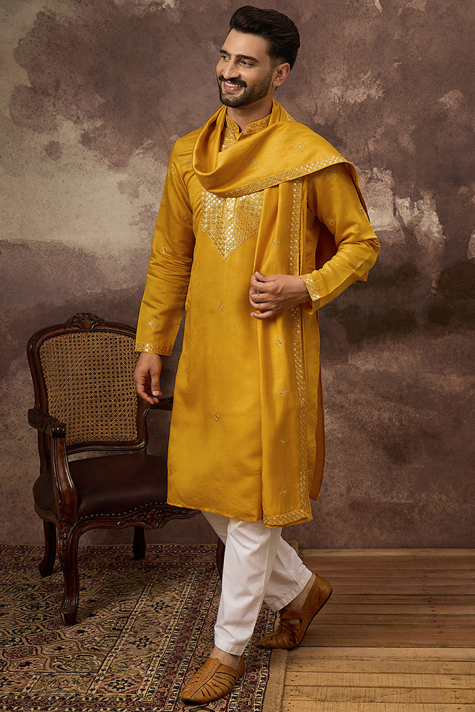 Yellow Silk Blend Embroidered Straight Kurta Trouser with Dupatta MKPD1008