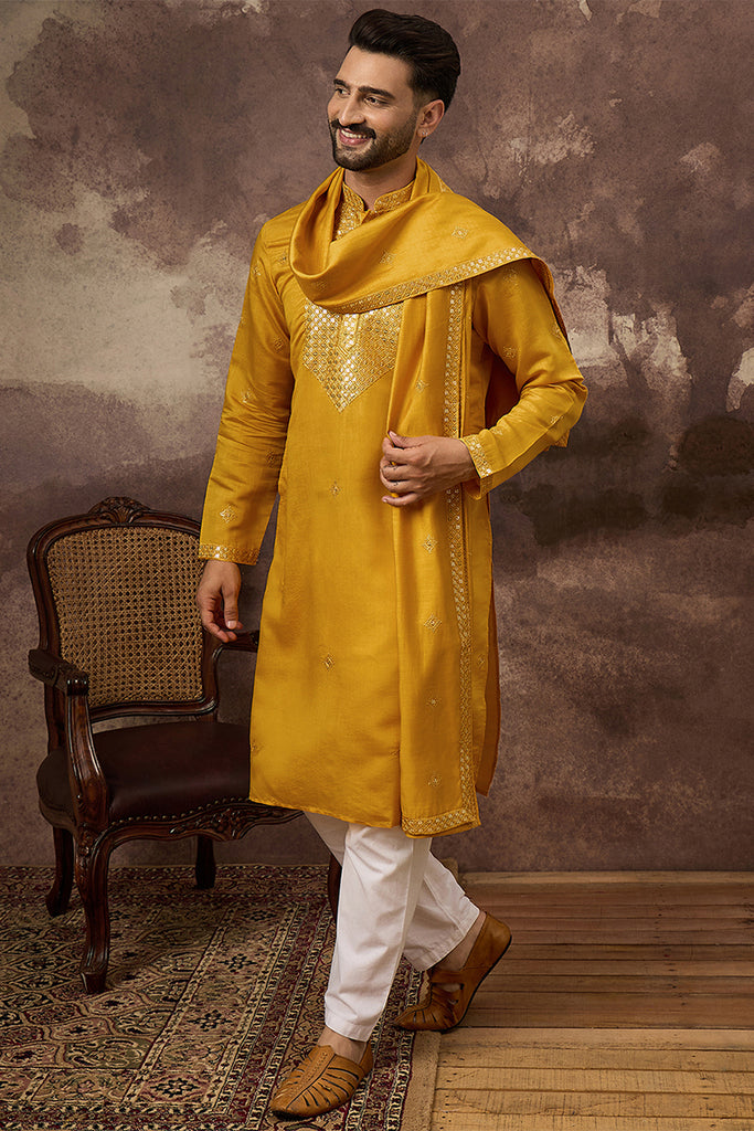 Yellow Silk Blend Solid Embroidered Straight Kurta with Dupatta MKUD1008