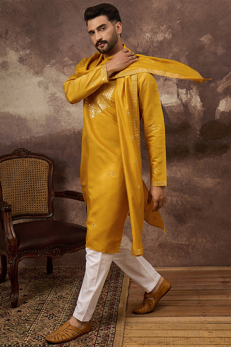 Yellow Silk Blend Embroidered Straight Kurta Trouser with Dupatta MKPD1008