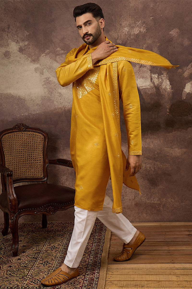 Yellow Silk Blend Solid Embroidered Straight Kurta with Dupatta MKUD1008