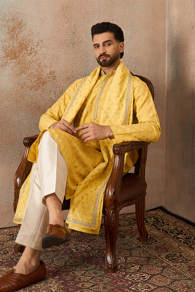 Yellow Jacquard Woven Design Floral Straight Kurta with Dupatta MKUD1016