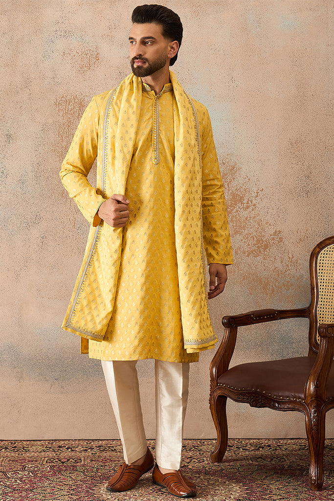Yellow Jacquard Woven Design Floral Straight Kurta with Dupatta MKUD1016