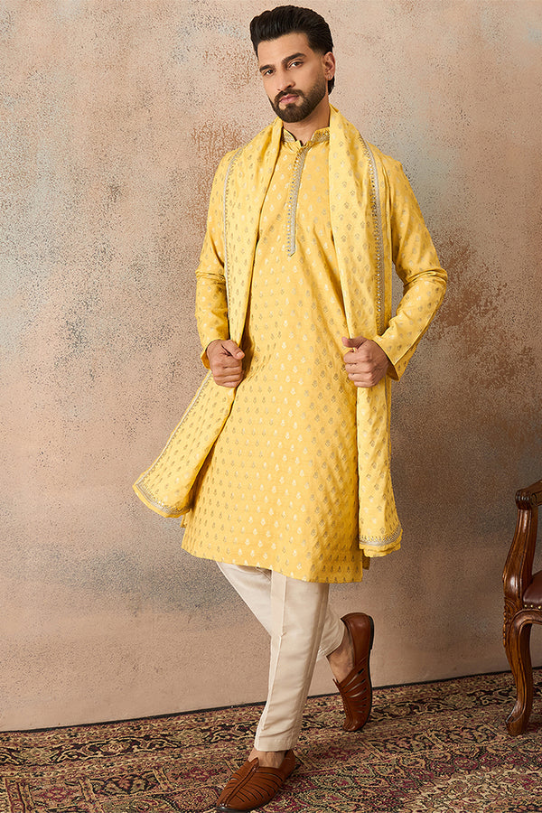 Yellow Jacquard Woven Design Floral Straight Kurta with Dupatta MKUD1016