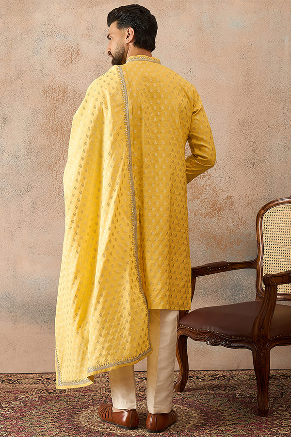 Yellow Jacquard Woven Design Floral Straight Kurta with Dupatta MKUD1016