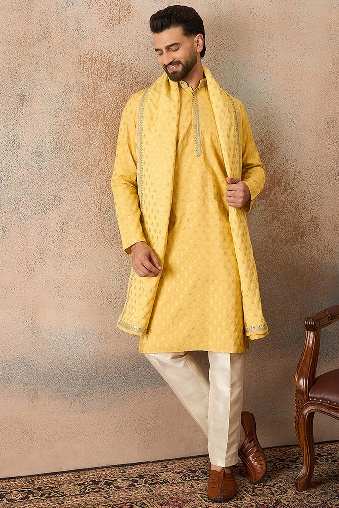 Yellow Jacquard Woven Design Floral Straight Kurta with Dupatta MKUD1016