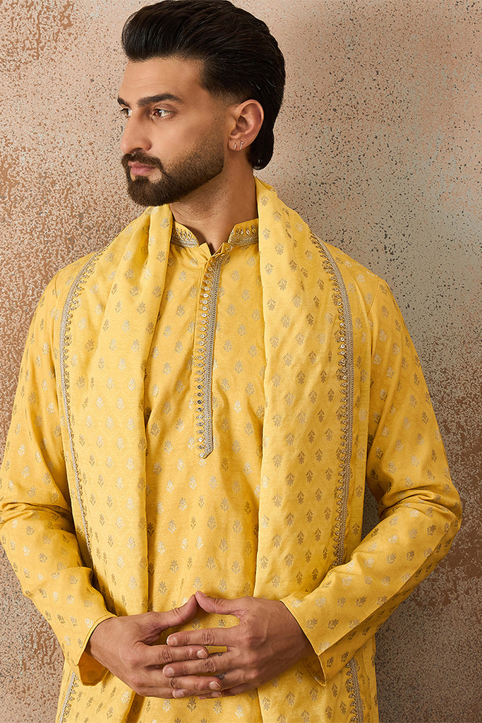Yellow Jacquard Woven Design Floral Straight Kurta with Dupatta MKUD1016