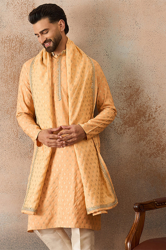 Peach Jacquard Woven Design Floral Straight Kurta Sets MKPD1017