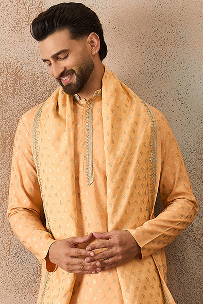 Peach Jacquard Woven Design Floral Straight Kurta Sets MKPD1017