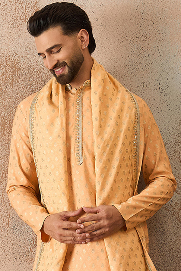 Peach Jacquard Woven Design Floral Straight Kurta with Dupatta MKUD1017