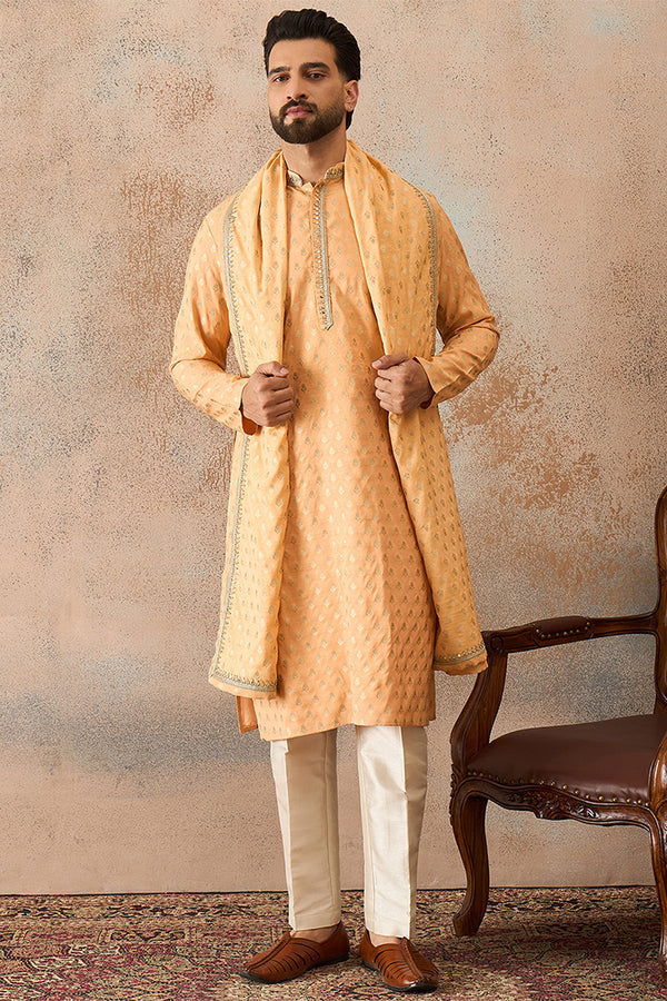 Peach Jacquard Woven Design Floral Straight Kurta with Dupatta MKUD1017