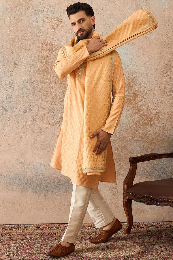 Peach Jacquard Woven Design Floral Straight Kurta with Dupatta MKUD1017