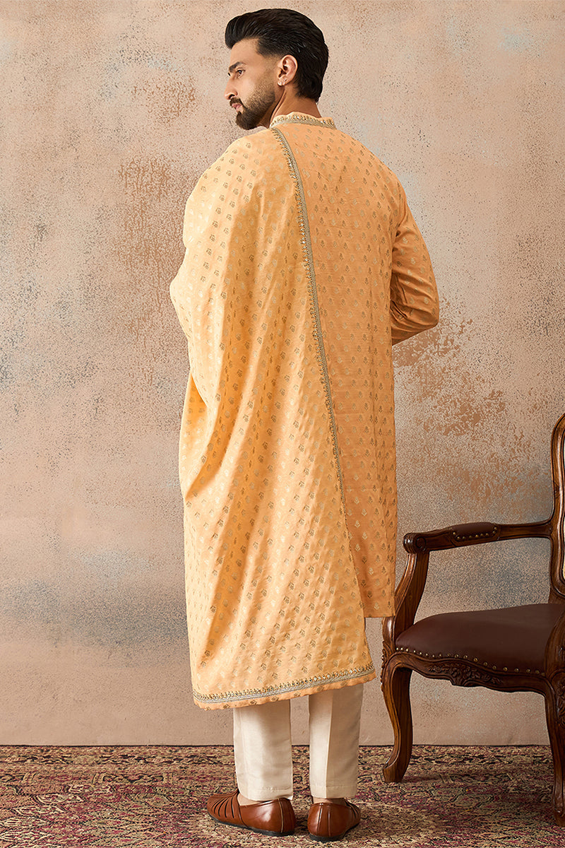 Peach Jacquard Woven Design Floral Straight Kurta with Dupatta MKUD1017