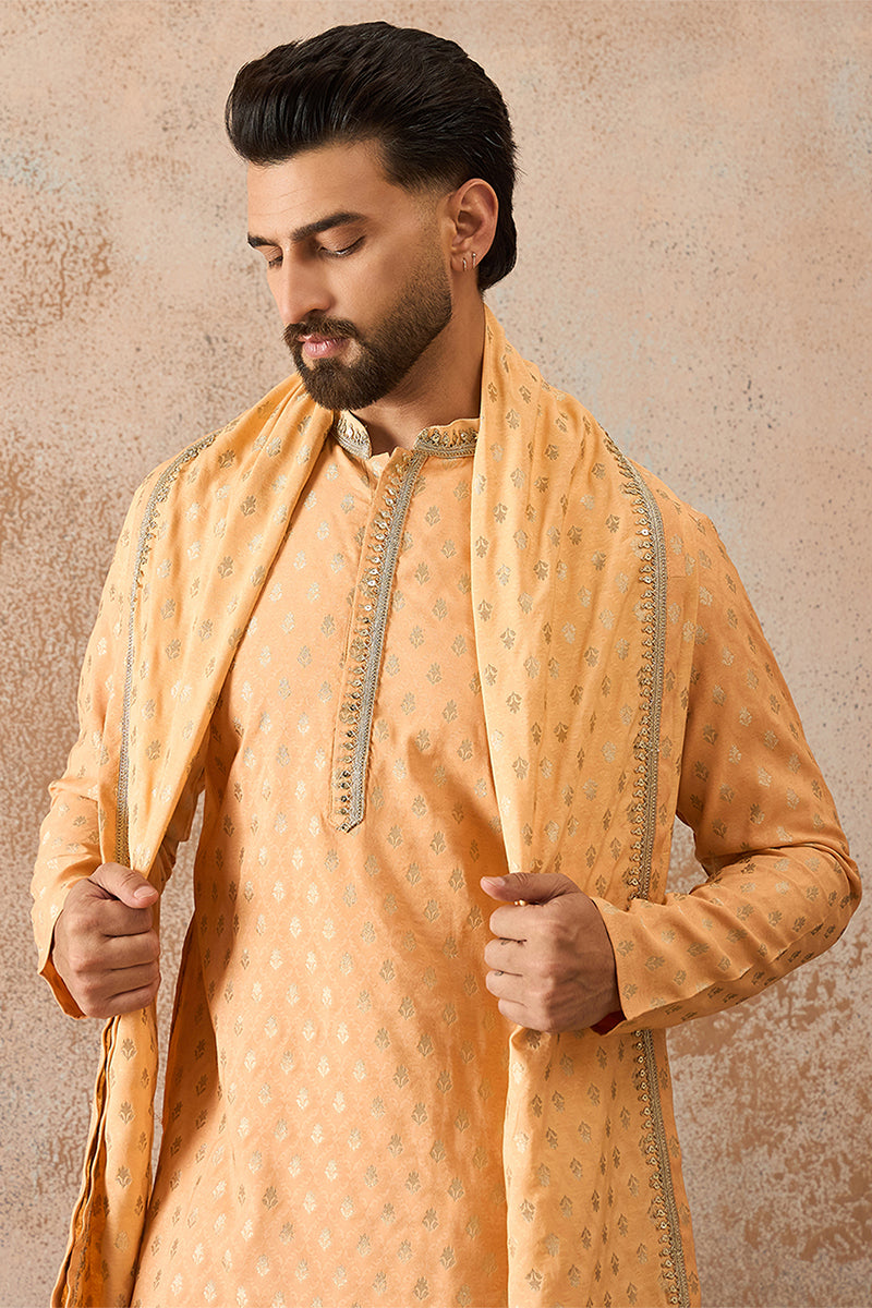 Peach Jacquard Woven Design Floral Straight Kurta with Dupatta MKUD1017