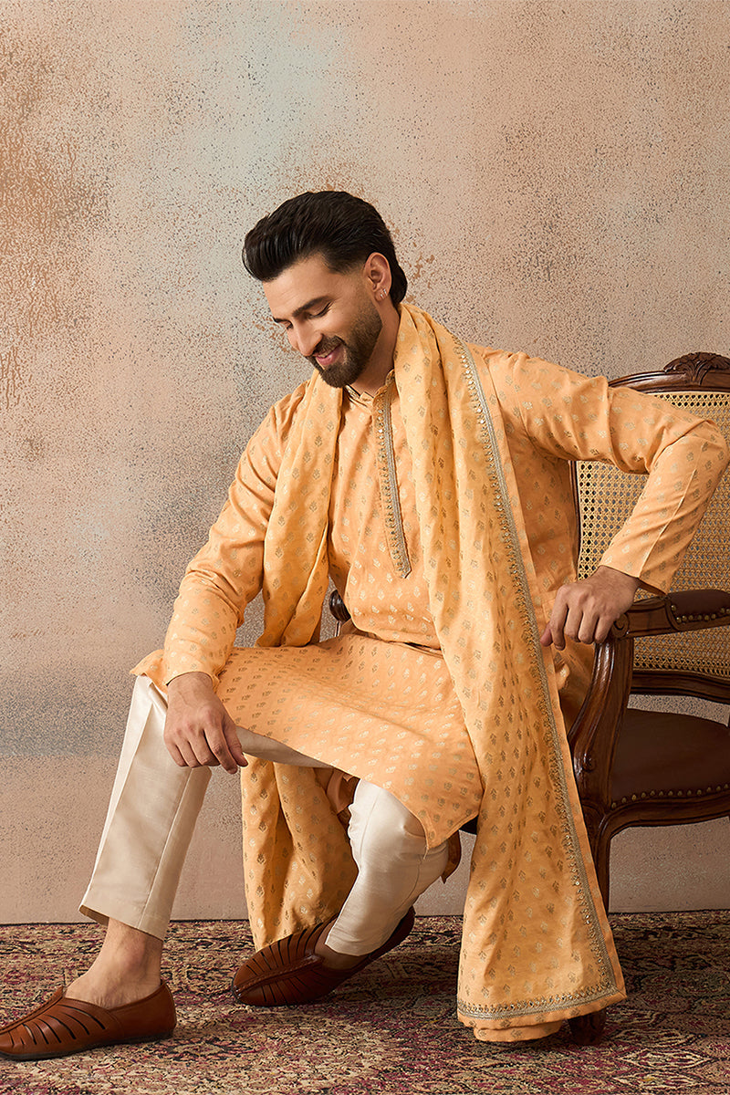Peach Jacquard Woven Design Floral Straight Kurta with Dupatta MKUD1017