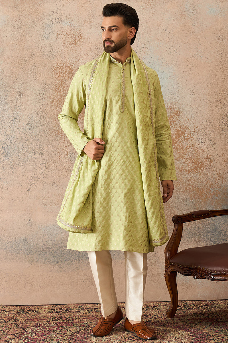 Green Jacquard Woven Design Floral Straight Kurta with Dupatta MKUD1018