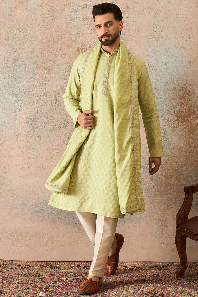 Green Jacquard Woven Design Floral Straight Kurta with Dupatta MKUD1018