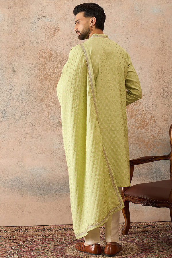 Green Jacquard Woven Design Floral Straight Kurta with Dupatta MKUD1018