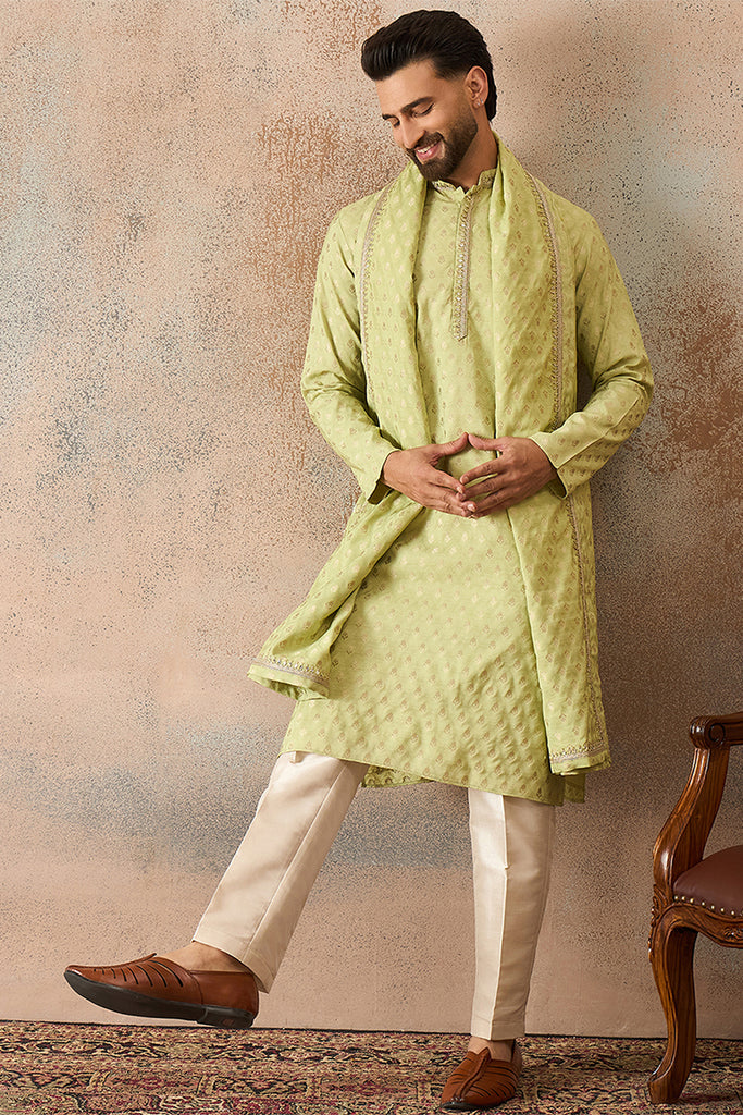 Green Jacquard Woven Design Floral Straight Kurta with Dupatta MKUD1018