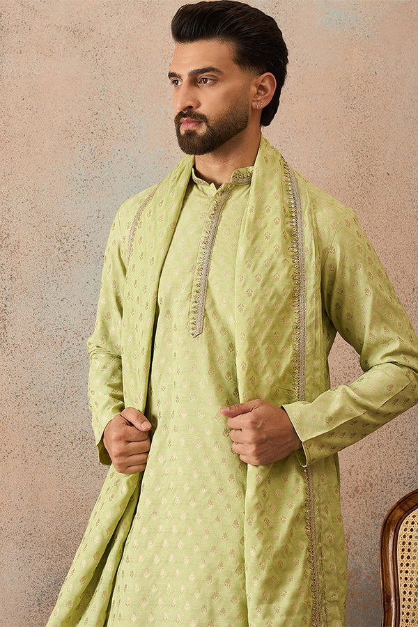 Green Jacquard Woven Design Floral Straight Kurta with Dupatta MKUD1018