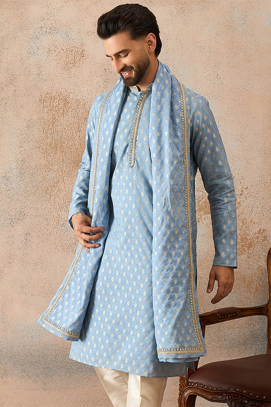Blue Jacquard Woven Design Floral Straight Kurta with Dupatta MKUD1019