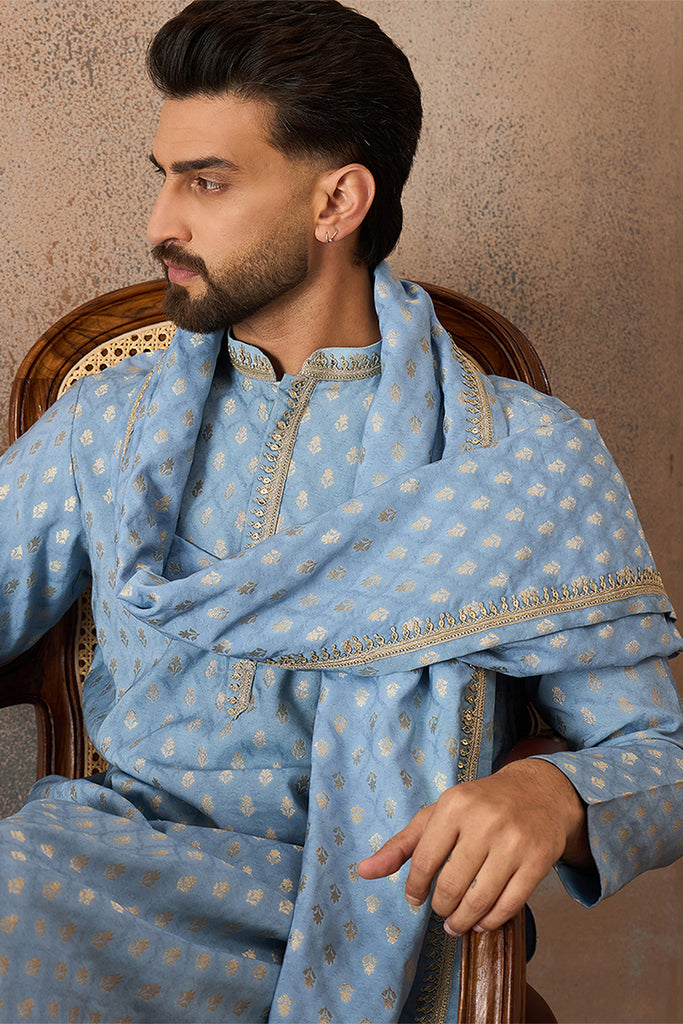 Blue Jacquard Woven Design Floral Straight Kurta with Dupatta MKUD1019