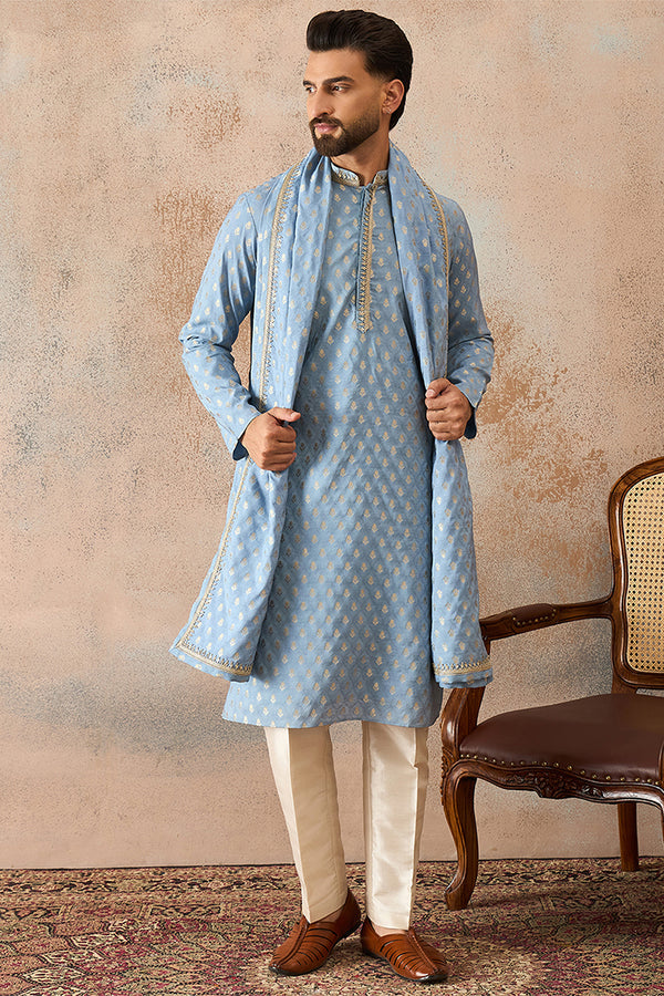 Blue Jacquard Woven Design Floral Straight Kurta with Dupatta MKUD1019