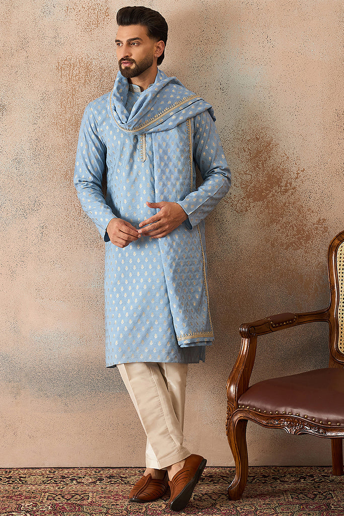 Blue Jacquard Woven Design Floral Straight Kurta with Dupatta MKUD1019