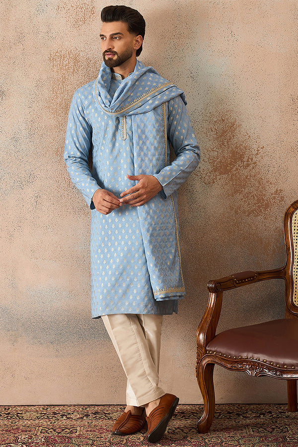 Blue Jacquard Woven Design Floral Straight Kurta with Dupatta MKUD1019