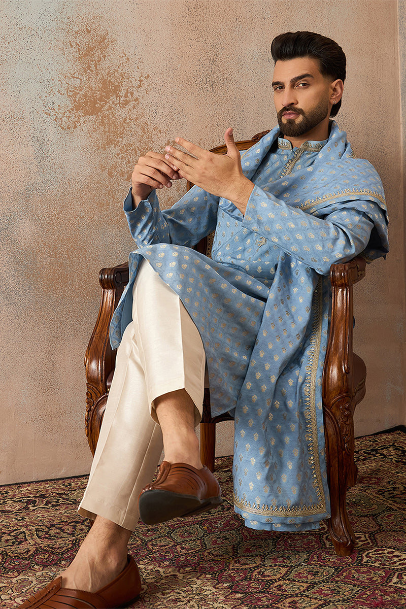 Blue Jacquard Woven Design Floral Straight Kurta with Dupatta MKUD1019