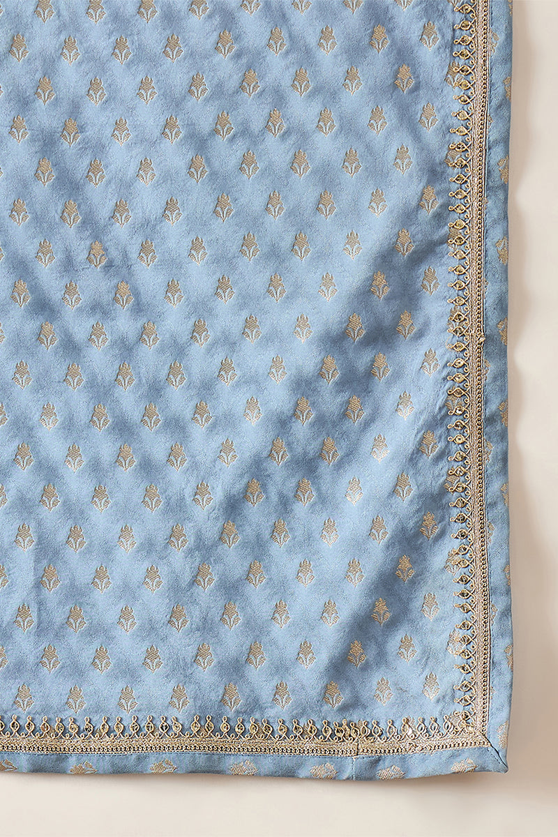 Blue Jacquard Woven Design Floral Straight Kurta with Dupatta MKUD1019