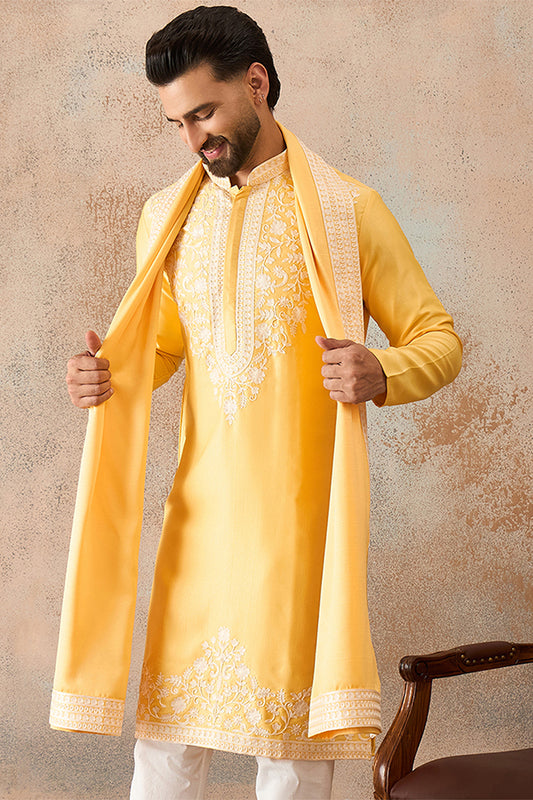 Yellow Silk Blend Woven Design Floral Straight Kurta Sets MKPD1037