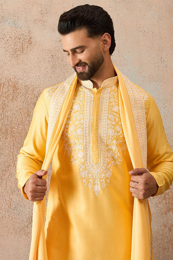 Yellow Silk Blend Woven Design Floral Straight Kurta Sets MKPD1037