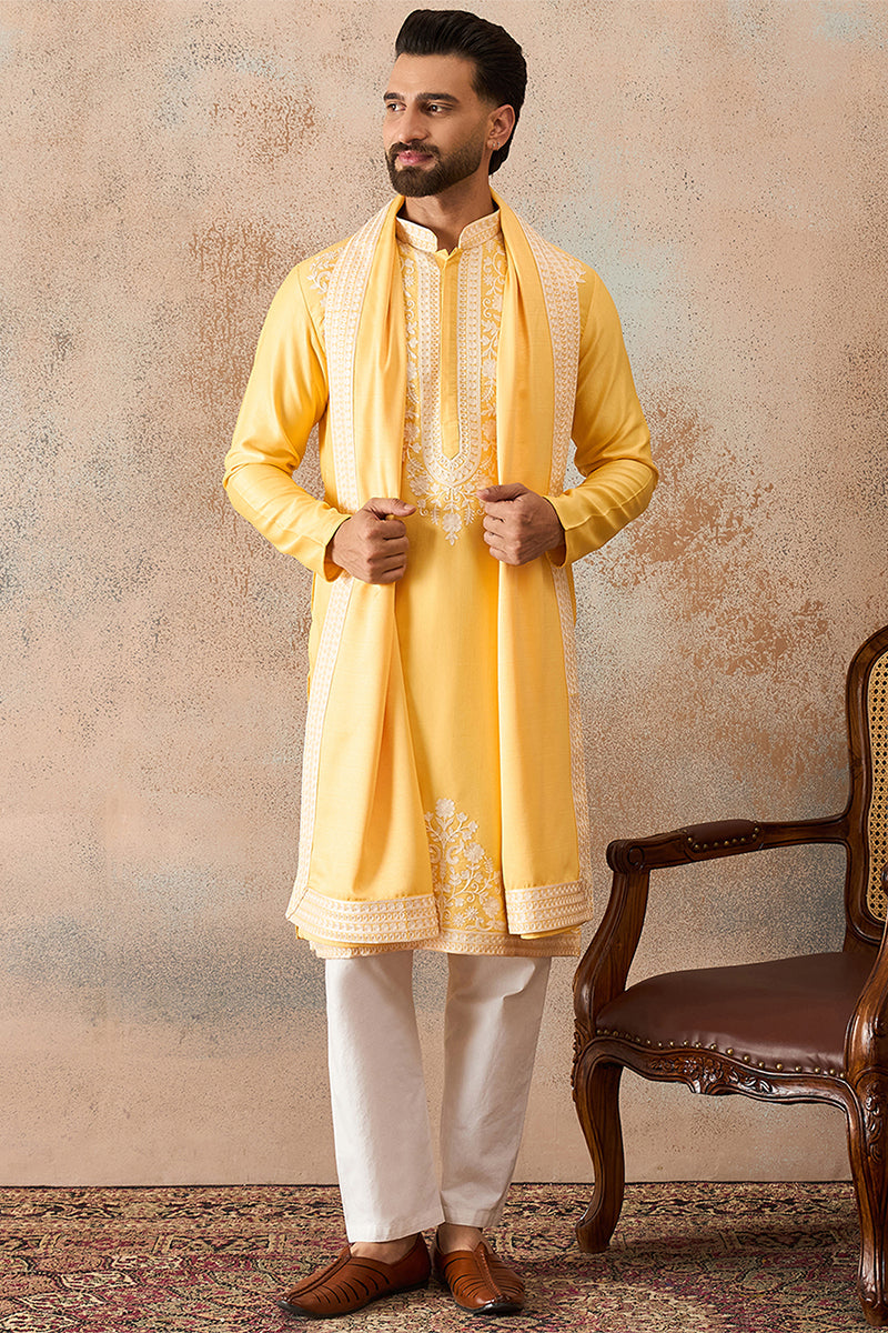 Yellow Silk Blend Woven Design Floral Straight Kurta with Dupatta MKUD1037