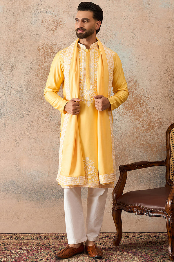 Yellow Silk Blend Woven Design Floral Straight Kurta with Dupatta MKUD1037