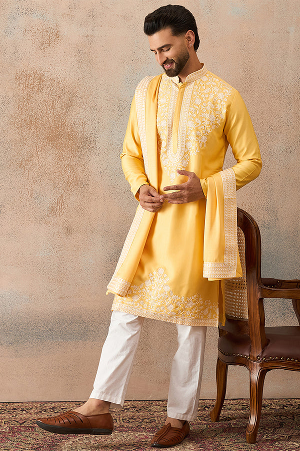 Yellow Silk Blend Woven Design Floral Straight Kurta Sets MKPD1037
