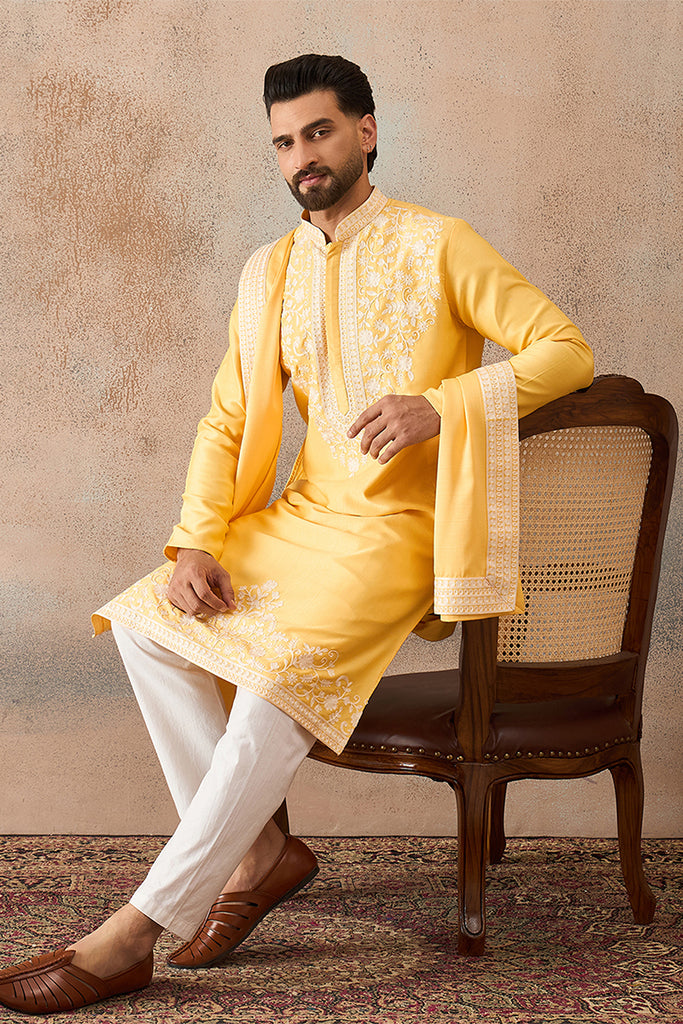 Yellow Silk Blend Woven Design Floral Straight Kurta Sets MKPD1037