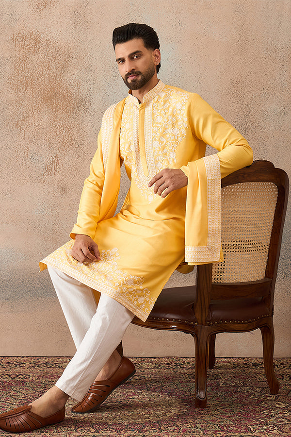 Yellow Silk Blend Woven Design Floral Straight Kurta Sets MKPD1037
