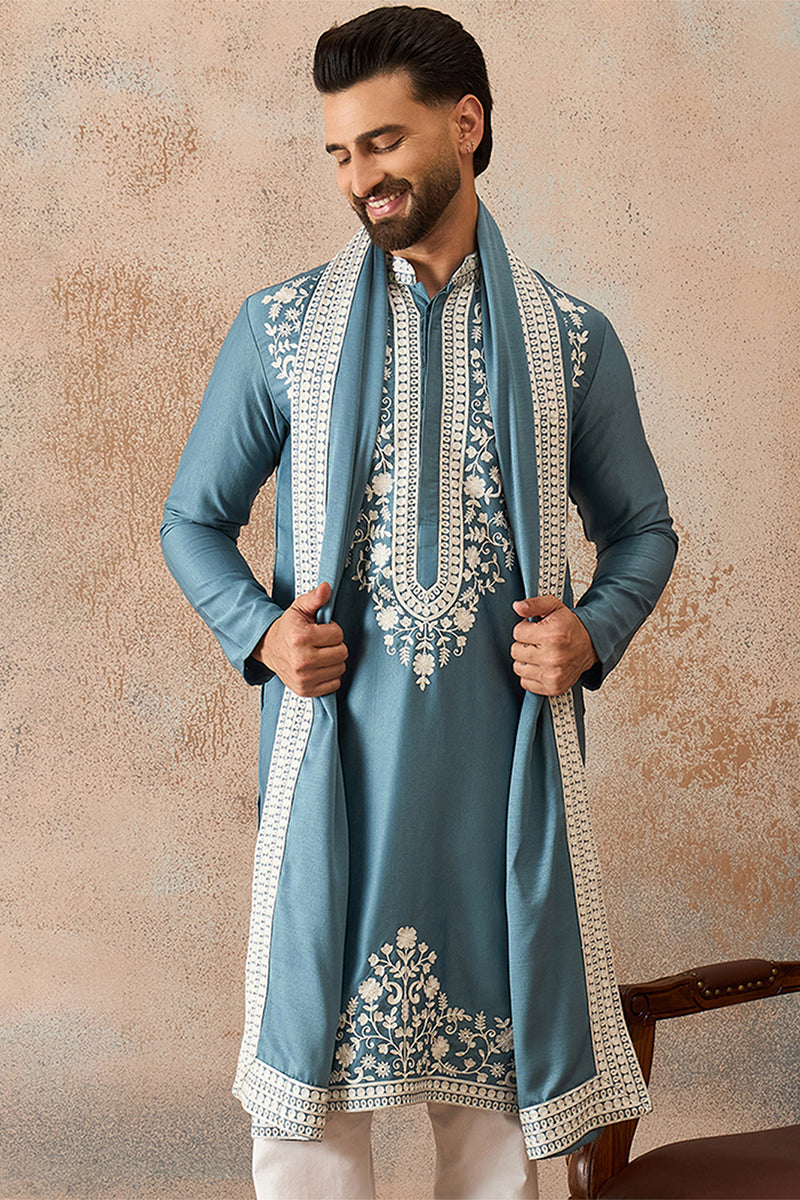 Blue Silk Blend Woven Design Floral Straight Kurta Sets MKPD1039