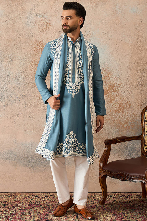 Blue Silk Blend Woven Design Floral Straight Kurta Sets MKPD1039