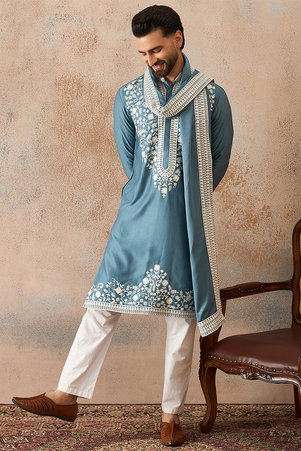Blue Silk Blend Woven Design Floral Straight Kurta Sets MKPD1039
