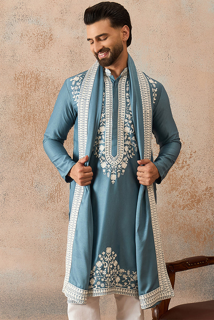 Blue Silk Blend Woven Design Floral Straight Kurta with Dupatta MKUD1039