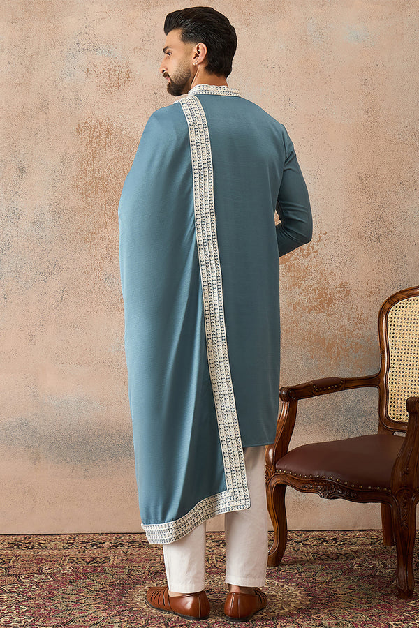 Blue Silk Blend Woven Design Floral Straight Kurta with Dupatta MKUD1039