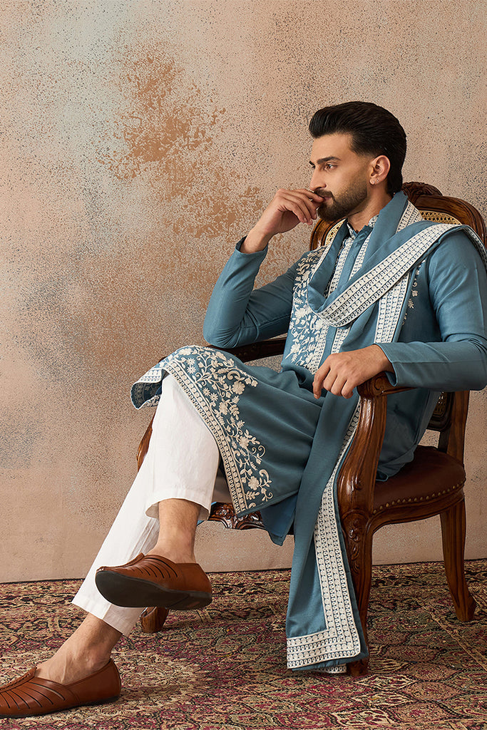 Blue Silk Blend Woven Design Floral Straight Kurta Sets MKPD1039