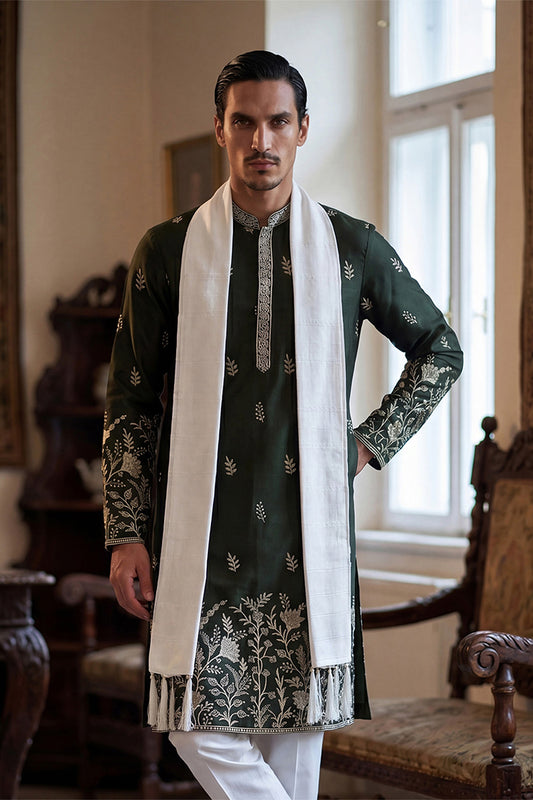 Olive Chanderi Silk Solid Embroidered Straight Kurta Trouser with Dupatta MKPD1319