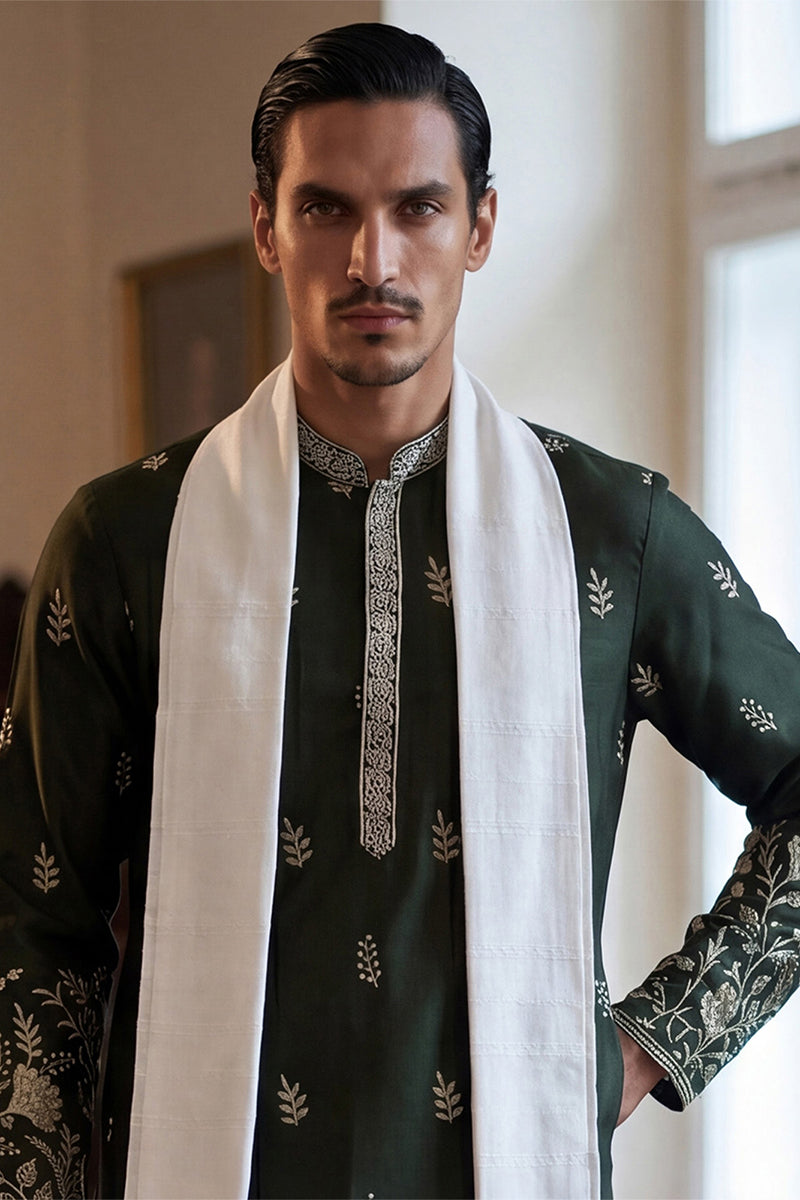 Olive Chanderi Silk Solid Embroidered Straight Kurta Trouser with Dupatta MKPD1319